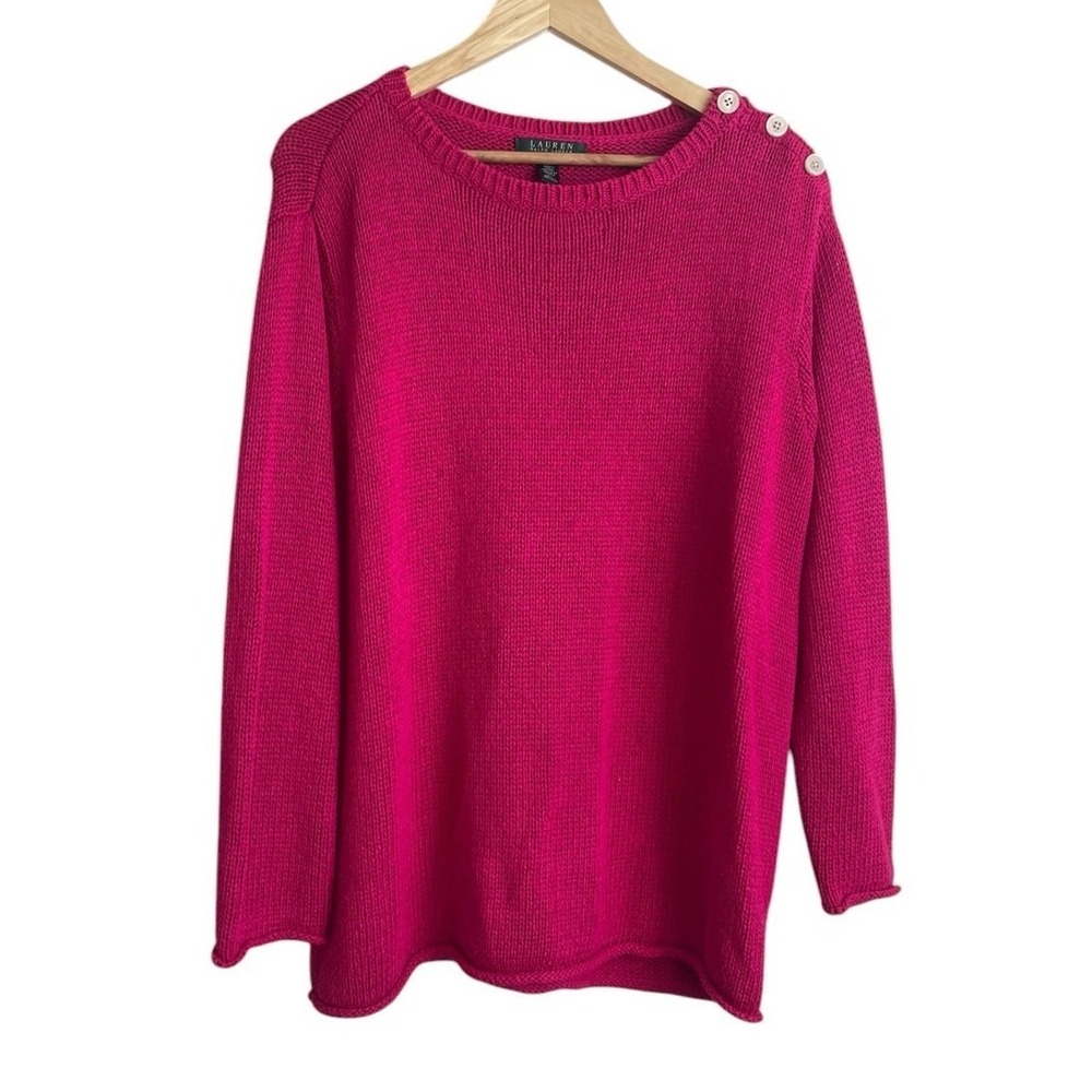 Lauren Ralph Lauren Women Preppy Coastal Shaker Knit Sweater 1X Pink Button Trim
